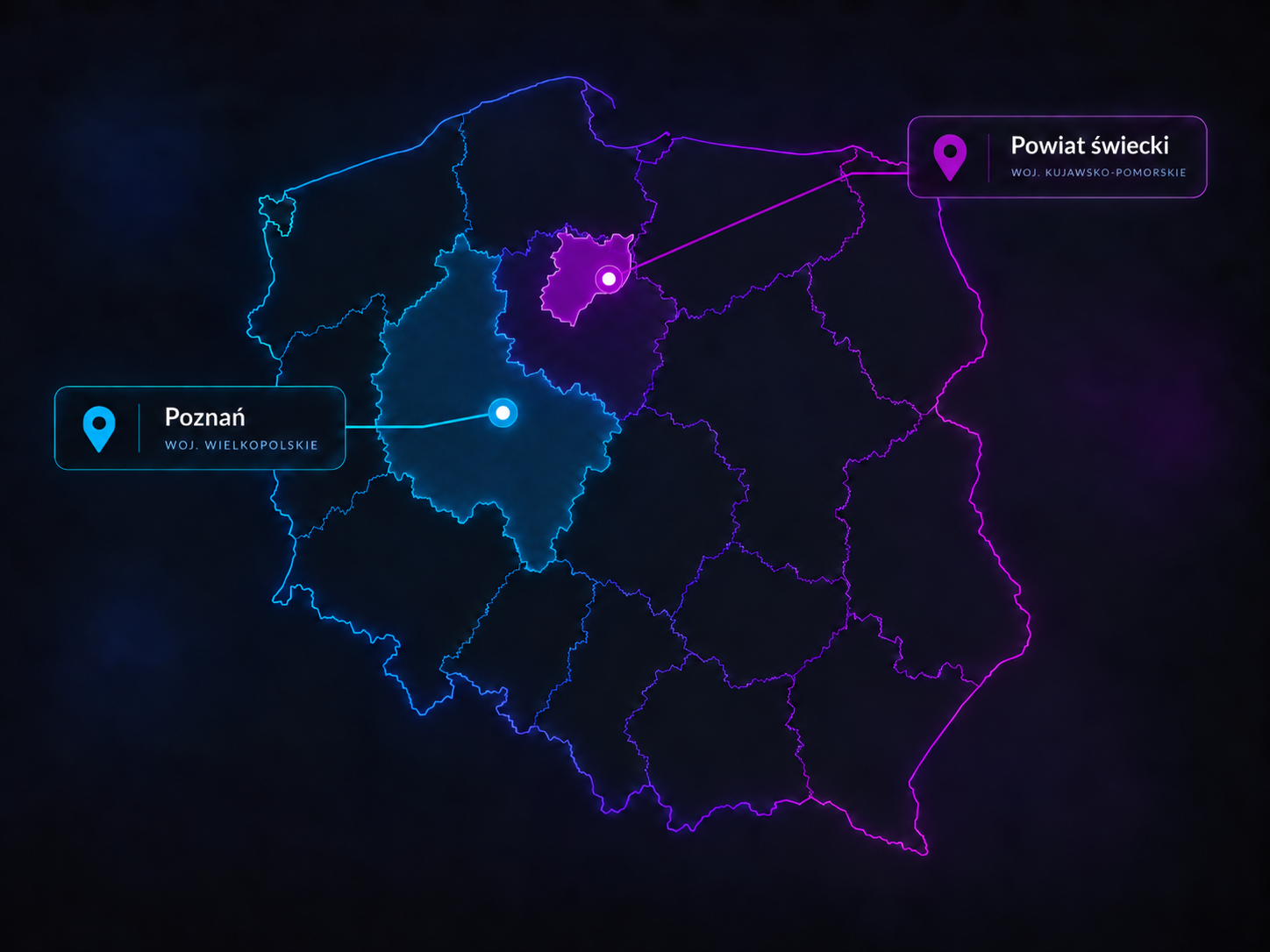 Mapa Polski z zaznaczonymi lokalizacjami: Poznań i powiat świecki